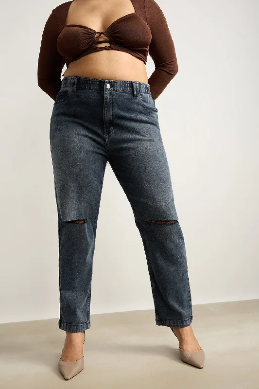 Cozy Fit Wear Knee Ripped Charcoal Stretch Mom Jeans