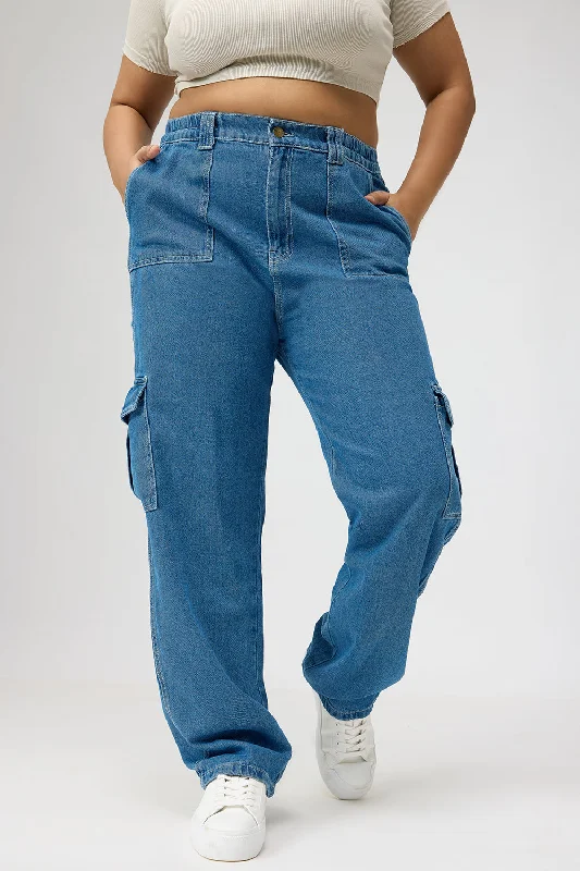 Warm Chic Curve Mid Blue Cargo Utility Jeans