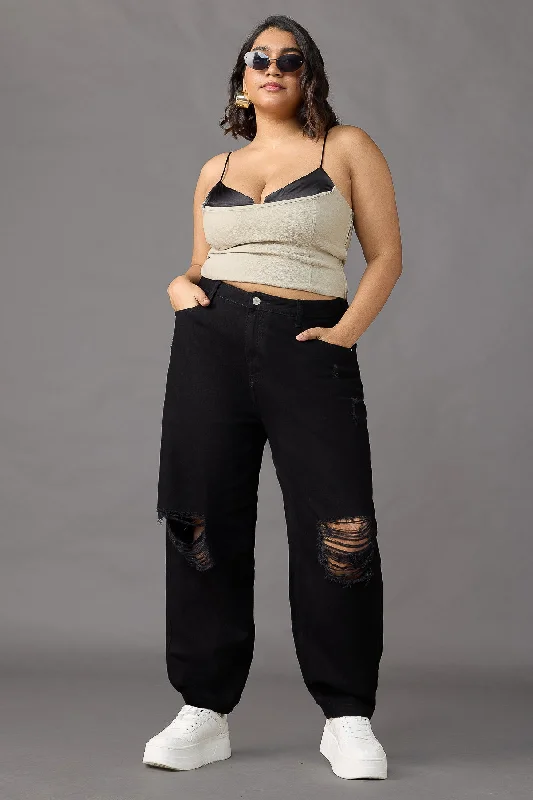 Comfortable Fashion Rocker Rebel Curve Relaxed Fit Torn Black Jeans