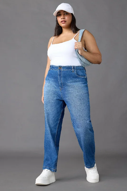 All-Day Wear Elasticated Classic Blue Mom Jeans