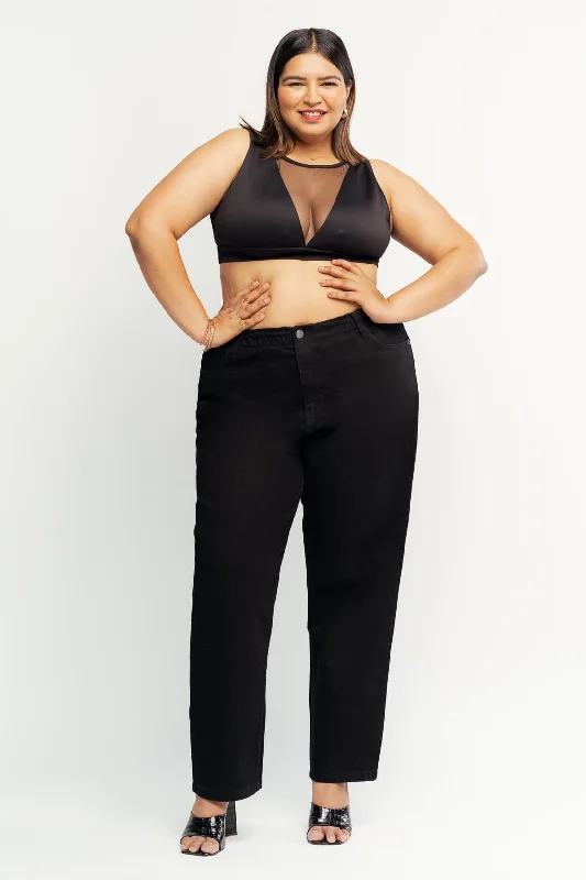 Warm Chic Outfits Black Elasticated Mom Jeans