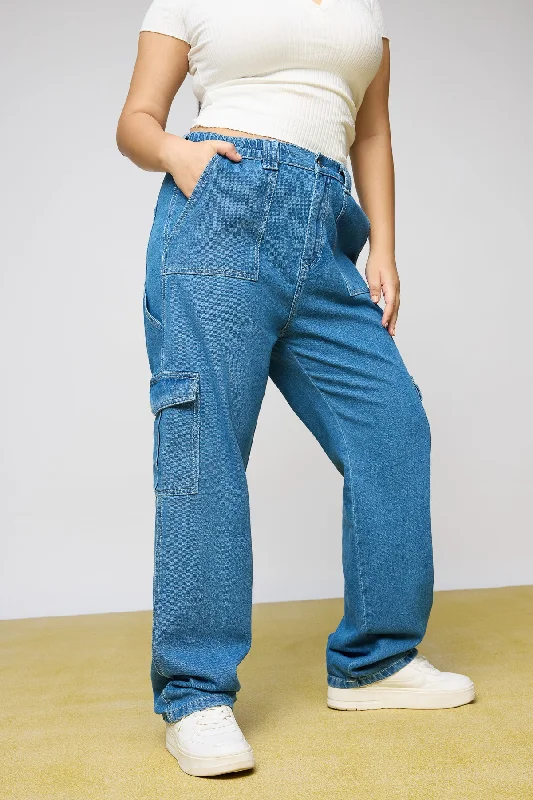 Ultra-lightweight Mid Blue Utility Curve Straight Fit Cargo Jeans