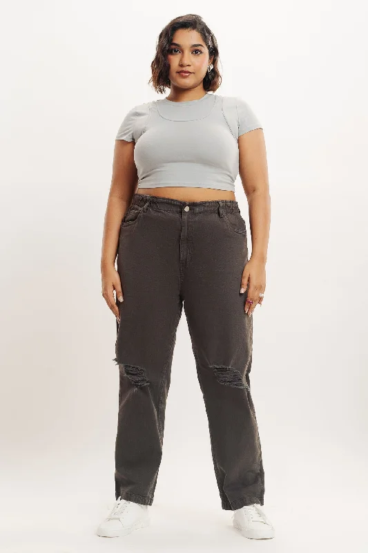 Customized Version Olive Distress Elasticated Mom Jeans