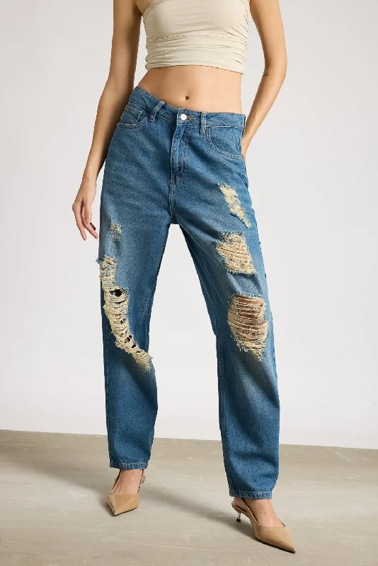 Simple And Comfortable Relaxed Fit Rustic Ripped Denim