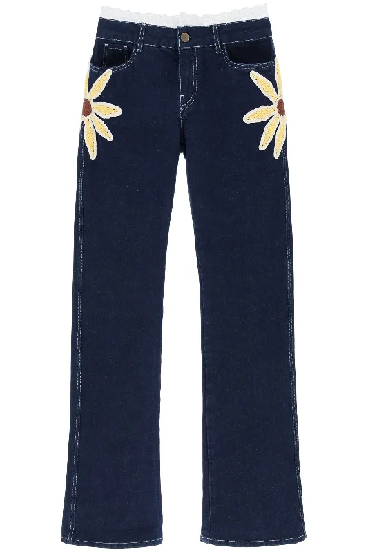Comfortable Jeans Siedres Women's Low-Rise Jeans With Crochet Flowers