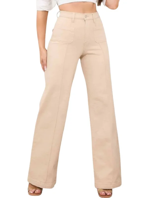 Lively And Youthful Square Pocket Wide Leg Jeans In Sand