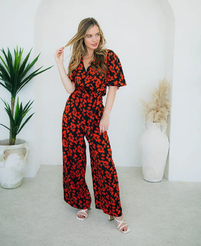 Modern City Red Floral Flutter Sleeve Jumpsuit