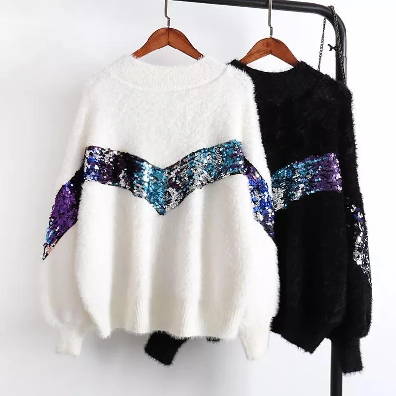 Relaxed Style Fuzzy Sequined Jumpers