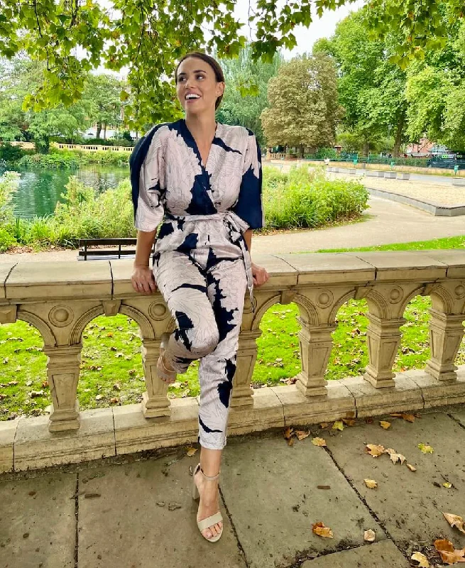 Luxury And Elegant Navy Leaf Kimono Sleeve Jumpsuit