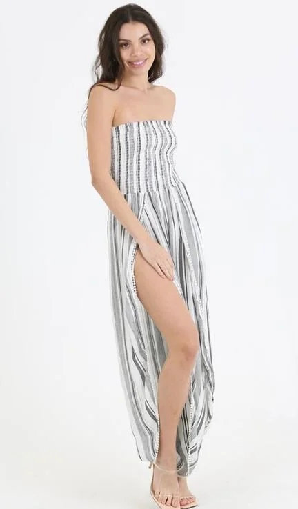 Breathable Style Strapless Smocked Striped Jumpsuit