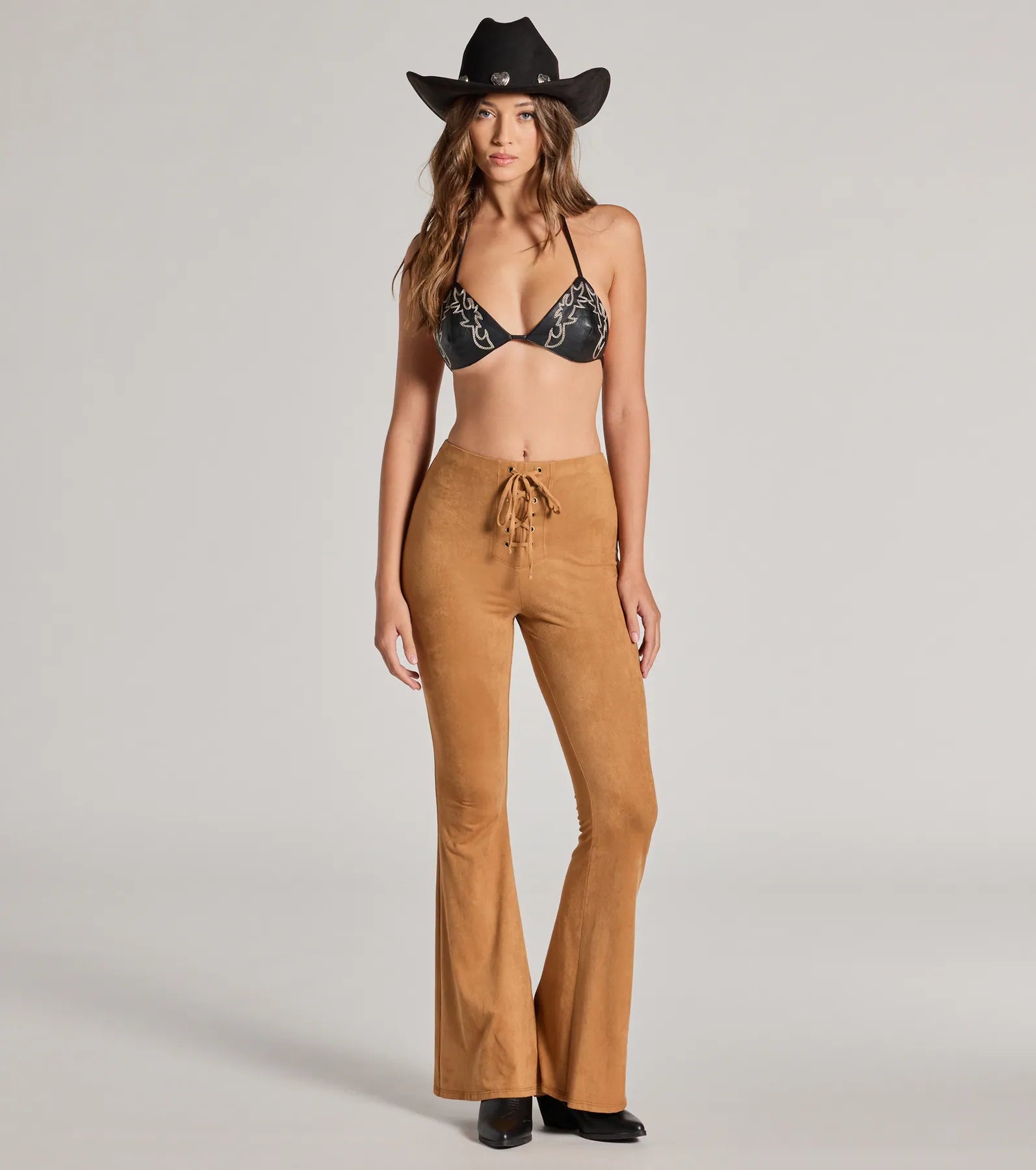 Trendy Comfort Bohemian Babe Lace-Up Faux Suede Flare Pants