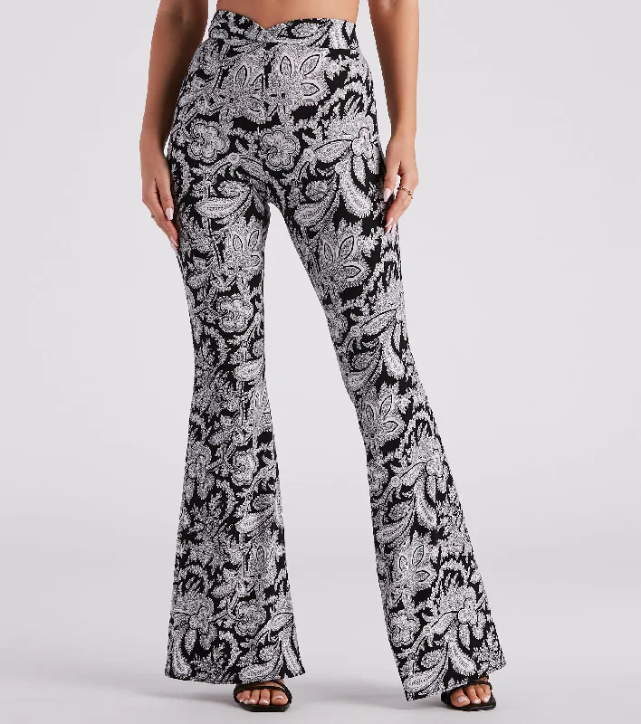 Stylish Ease Boho Gal Paisley Cross Waist Flare Pants