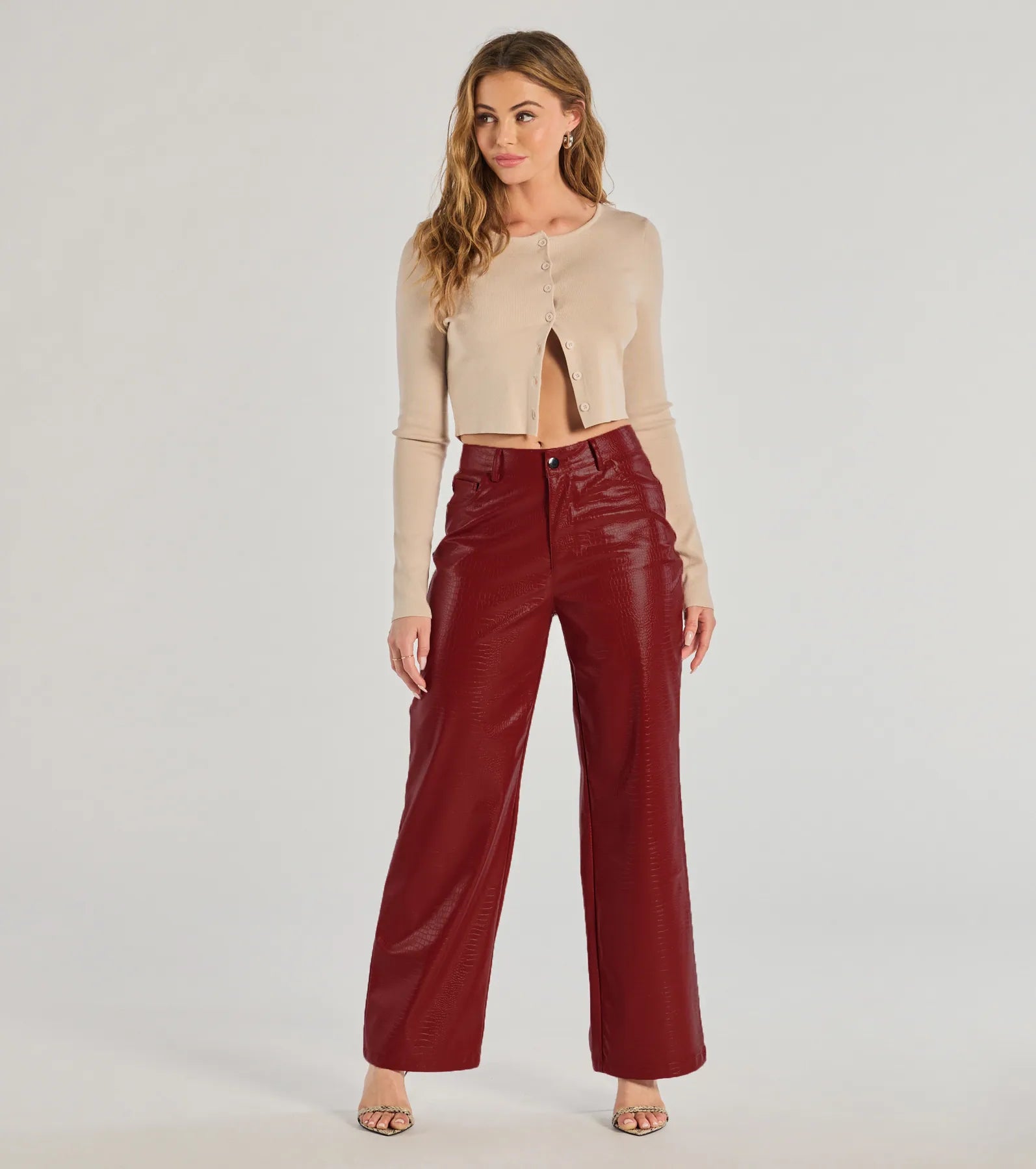 Easygoing Fashion Chic Babe Faux Leather Croc-Embossed Wide-Leg Pants