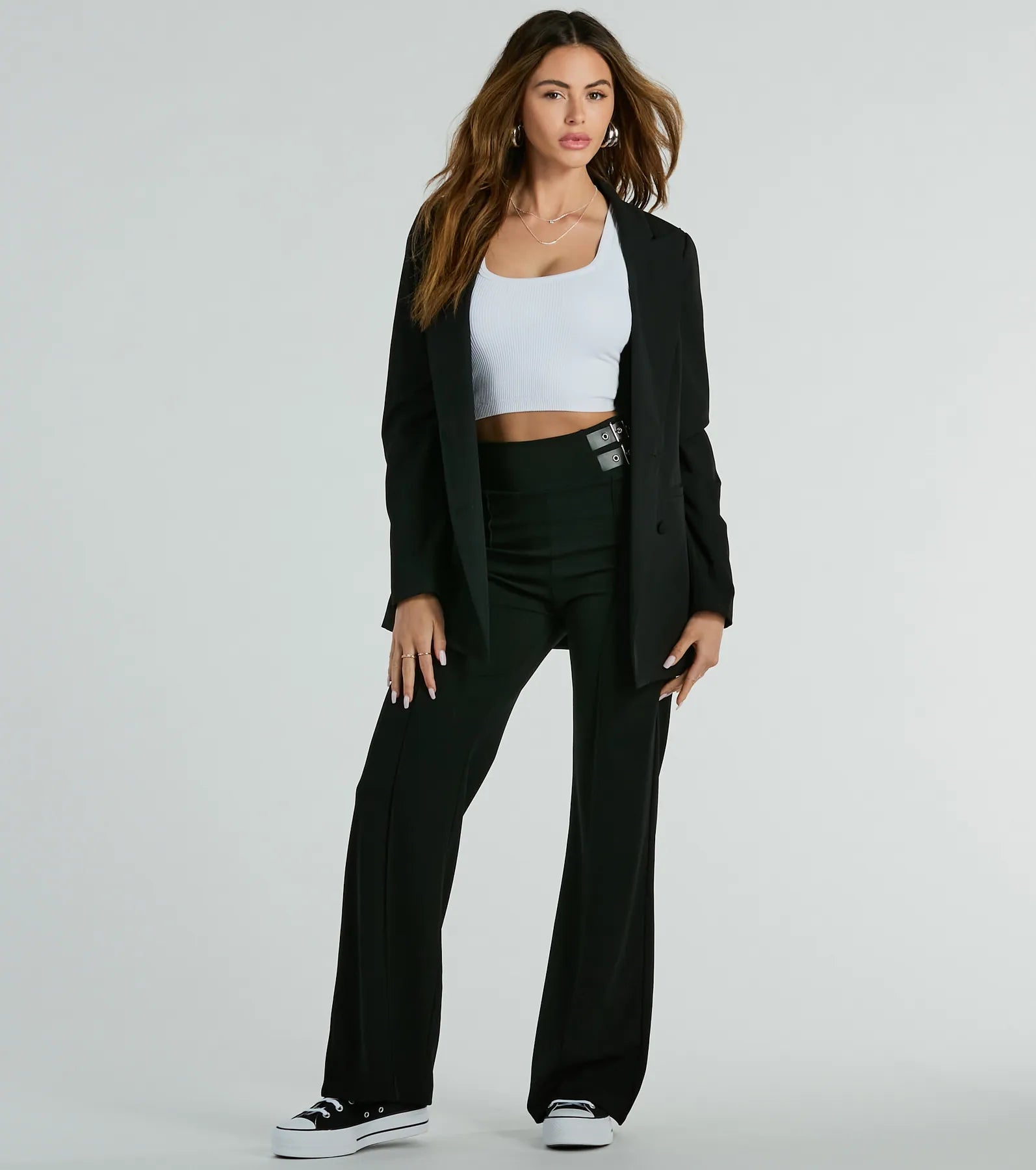 Retro Prints Chic Confidence Buckle Accent Trouser Pants