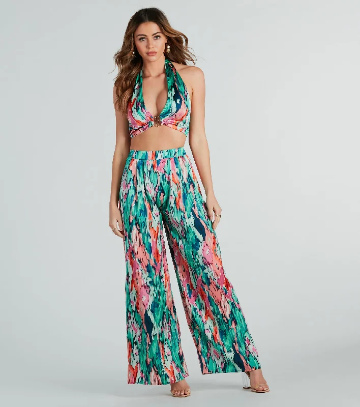 Youthful Street Fashion Color Me Pretty Satin Abstract Wide-Leg Pants