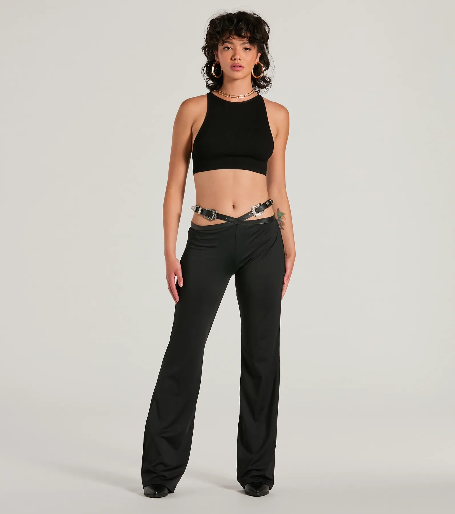Soft Textures Country Edge Buckle High-Rise Waist Flare Pants