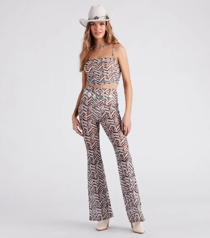 Soft Layers Cute In Chevron Print Mesh Flare Pants