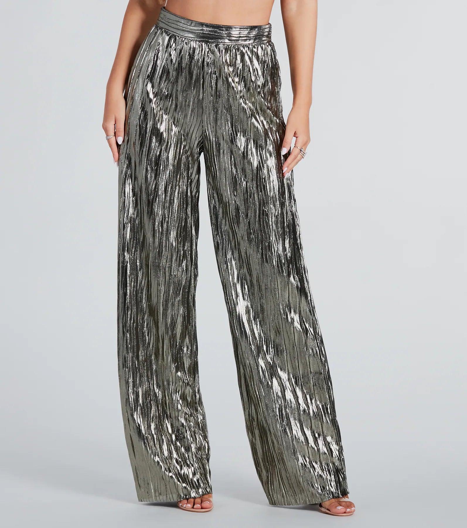 Bottom And Versatile Dare To Impress Metallic Plisse Wide-Leg Pants