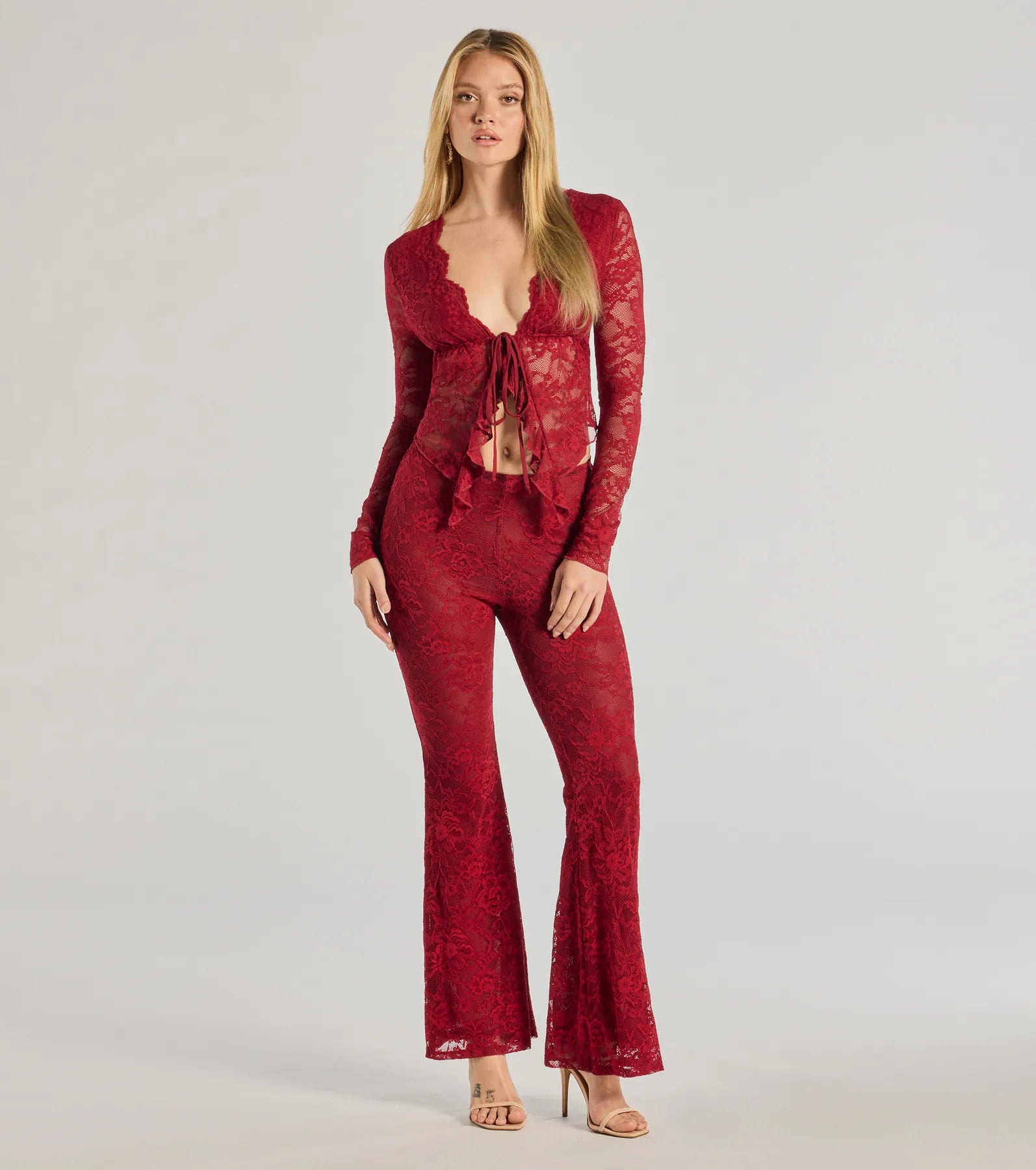Comfortable Looks Delicate Flair Floral Lace Flared Pants