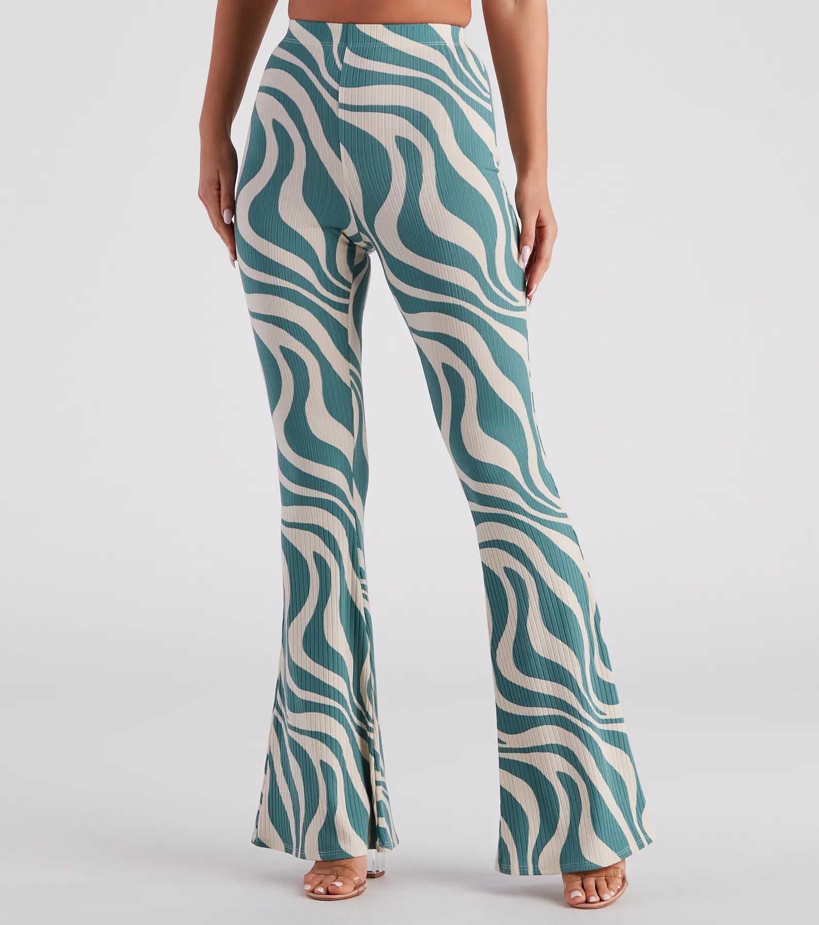 Lace Design Flirty Retro Babe Swirl Print Flare Pants