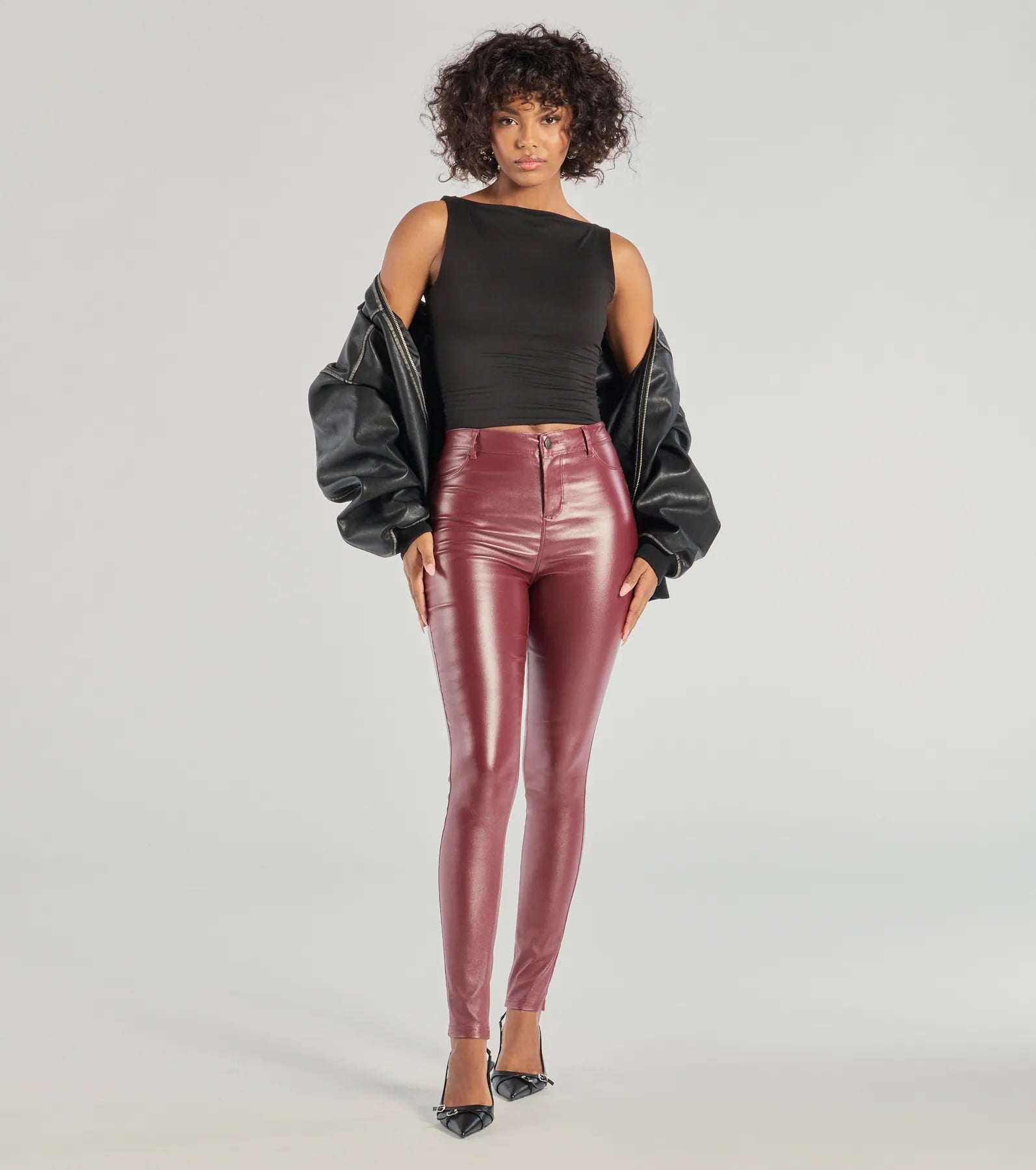 Relaxed Fit Glossy Glam Coated Faux Leather Skinny Pants