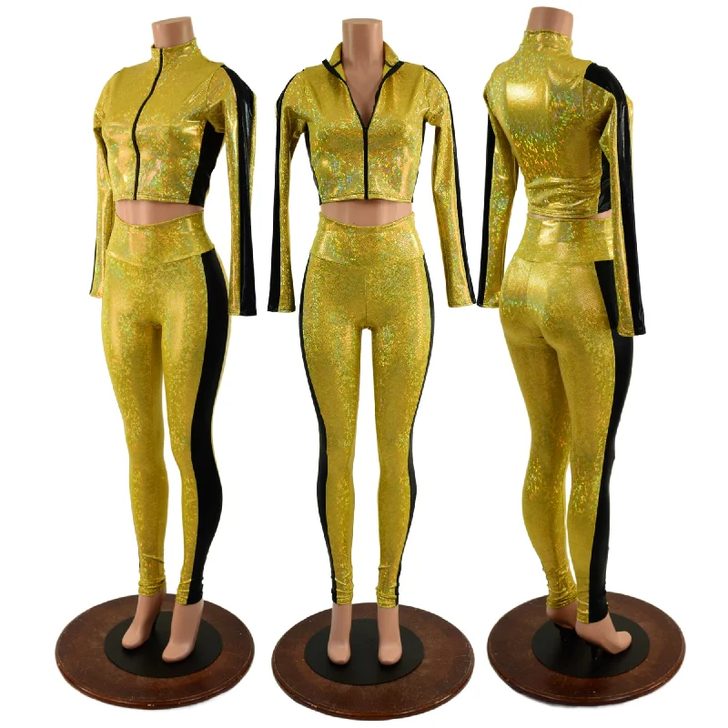 Party Wear Gold and Black Side Paneled Set (Leggings & Crop Top)