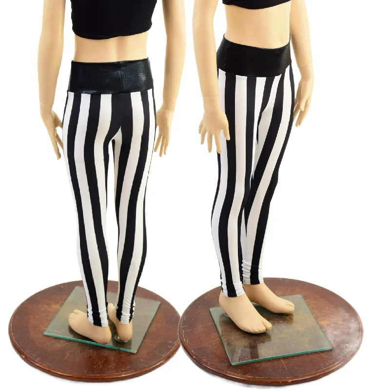 Simple Solid Color Kids Black and White Striped Leggings with Black Mystique Waistband