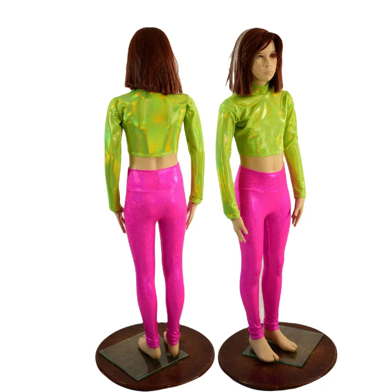 Creative Prints Kids Neon Pink and Green Leggings and Crop Top Set