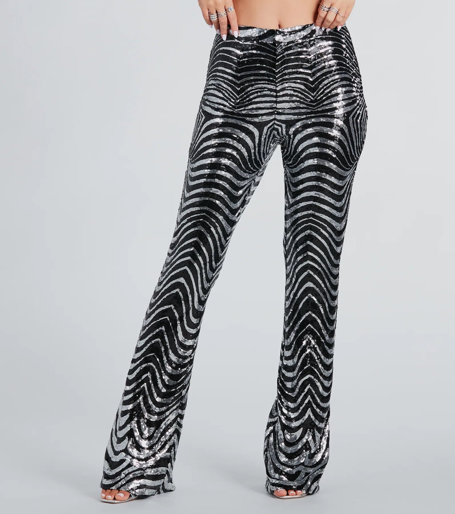 Floral Prints Make An Entrance Sequin Swirl Flare Pants