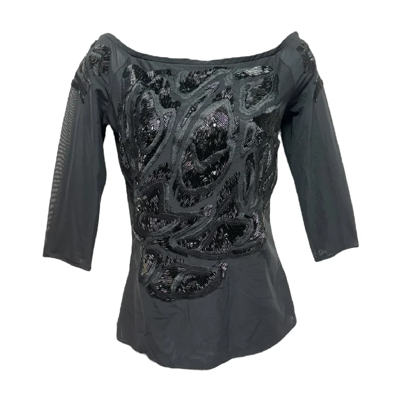 Elegant And Simple Mesh Beaded Top 3/4 Sleeve Designer By Escada In Black, Size: S