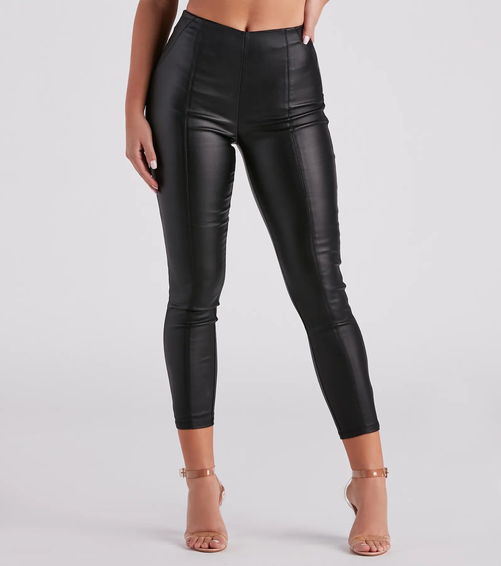 Single-shoulder Neck Design Top Spot Coated Faux Leather Skinny Pants