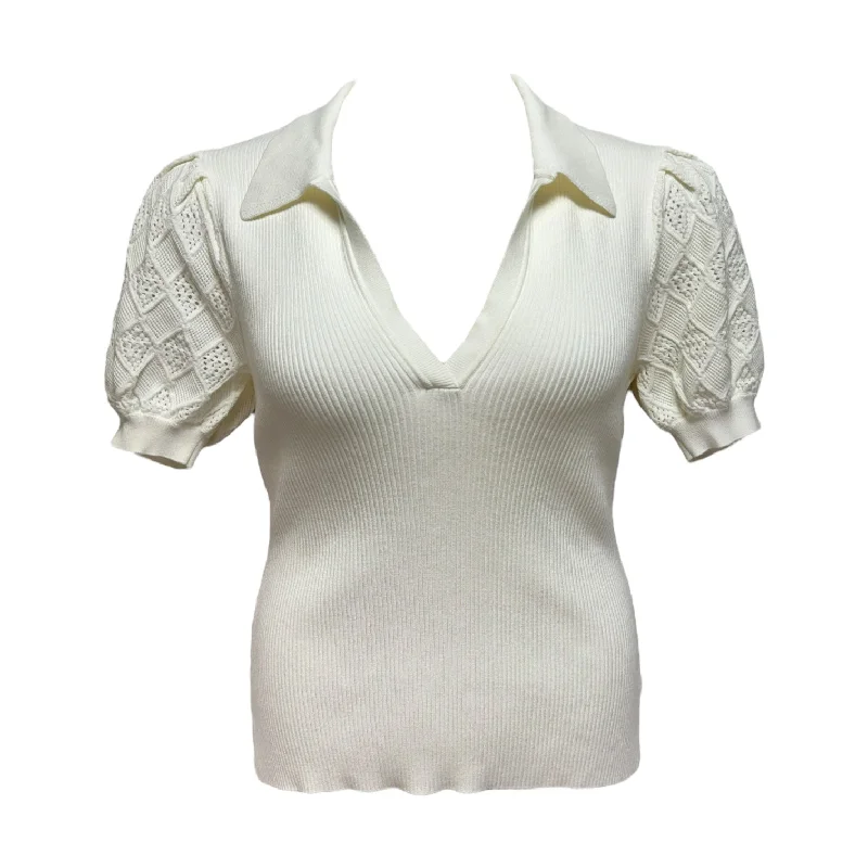 High-end Design Pointelle Puff Sleeve Polo Top Designer By Milly In White, Size: L