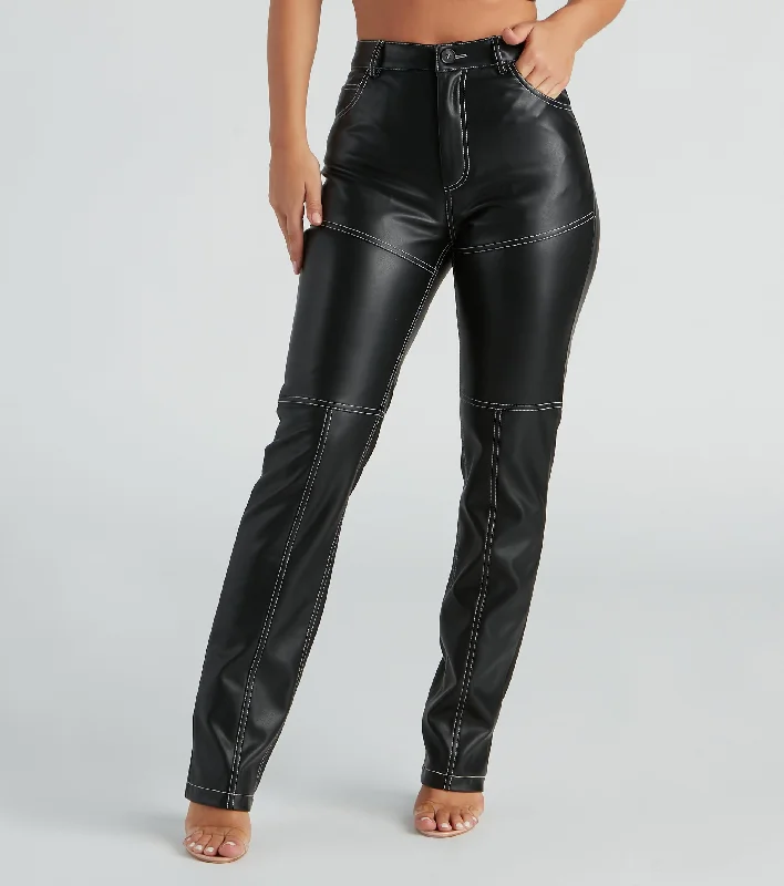 Classic Retro Rock Of Ages Faux Leather Straight-Leg Pants