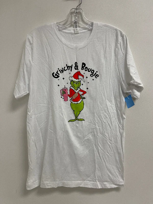 Embroidered Letters Top Short Sleeve By Bella + Canvas In White, Size: L
