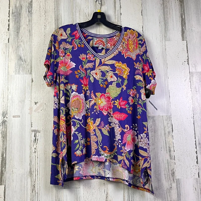 Fashion Design Top Short Sleeve By Johnny Was In Navy, Size: L