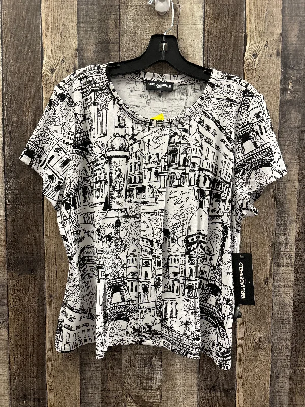 Age-reducing Style Top Short Sleeve Designer By Karl Lagerfeld In Black & White, Size: L