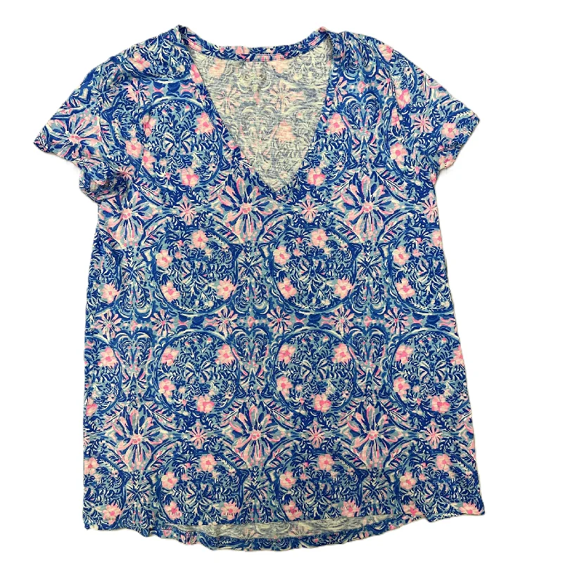 Knitted Design Top Short Sleeve Designer By Lilly Pulitzer In Blue & Pink, Size: S