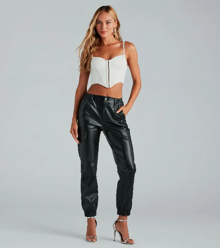 Embroidery Design Utilitarian Flare Faux Leather Cargo Joggers