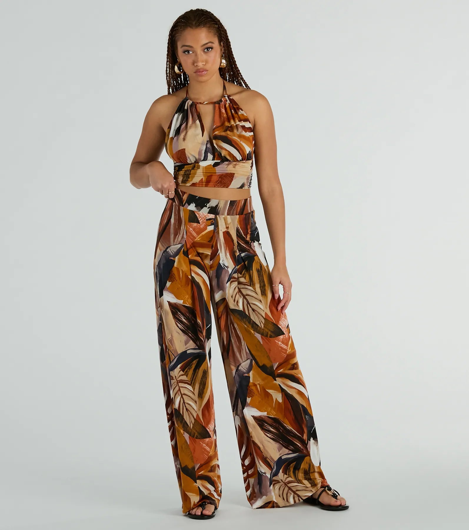 Weekend Comfort Wear Vacay Ready Tropical Knit Wide-Leg Pants