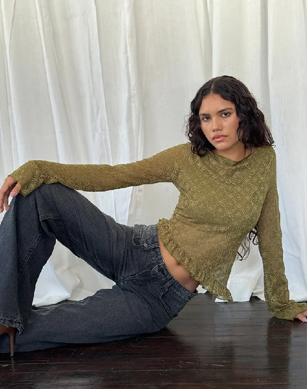 Simple Design Allegra Long Sleeve Top in Textured Moss Green Lace