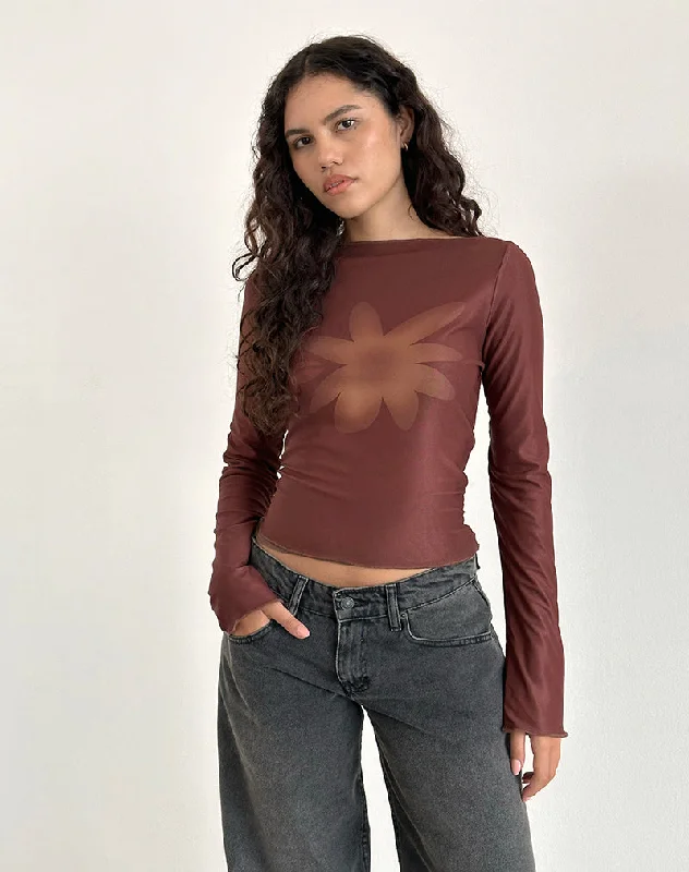 Easygoing Outfits Armali Long Sleeve Top in Mesh Tonal Flower Brown