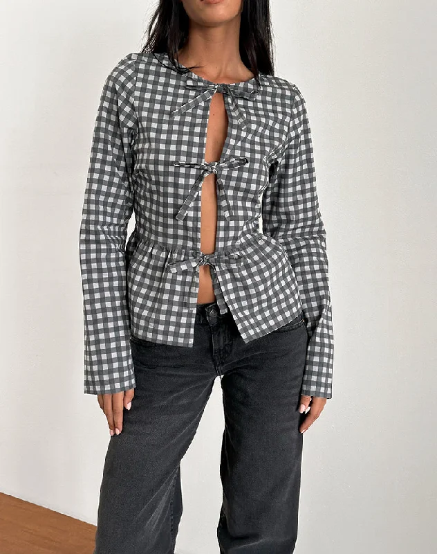Relaxed Weekend Wear Bertaria Long Sleeve Top in Tonal Gingham Black and Grey