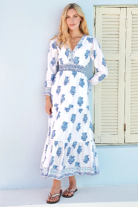 Slightly Flared Design Billie Block Print Dress | Daliya Buta Blue