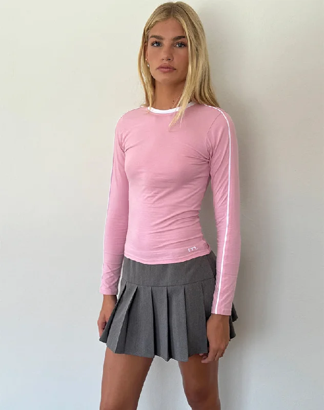 Low-key Luxury Bonija Long Sleeve Top in Flamingo Pink with White Piping and M Embroidery