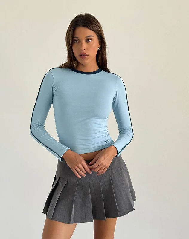 Personalized Wear Bonija Long Sleeve Top in Nantucket Blue with Navy Piping and M Embroidery