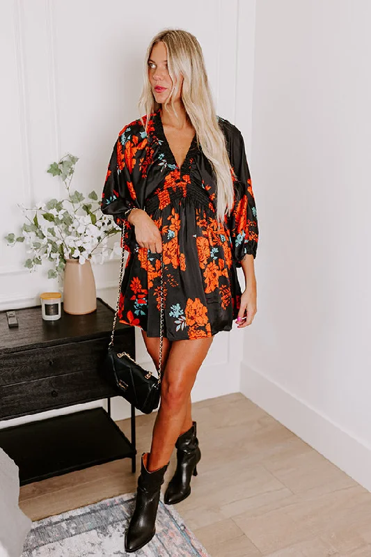 Versatile Comfort Wear Botanical Bliss Satin Mini Dress in Black
