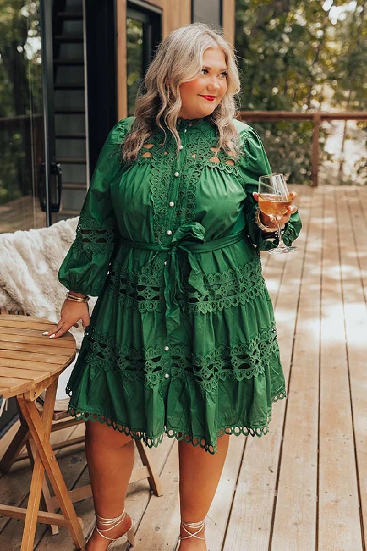 Leisure Sports Candlelight Dinner Crochet Mini Dress in Hunter Green Curves