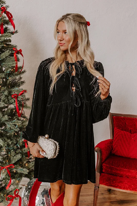 Luxury And Elegant Chic Lifestyle Front Tie Velvet Mini Dress in Black