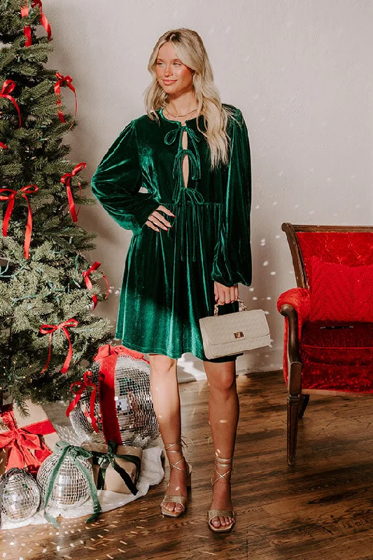Lively And Youthful Chic Lifestyle Front Tie Velvet Mini Dress in Hunter Green