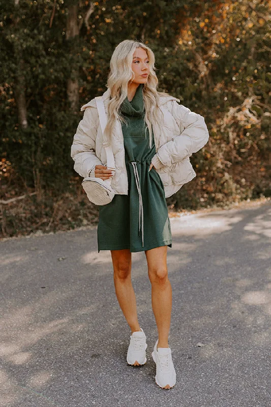 Everyday Style Coffee Shop Cutie Drawstring Mini Dress in Hunter Green